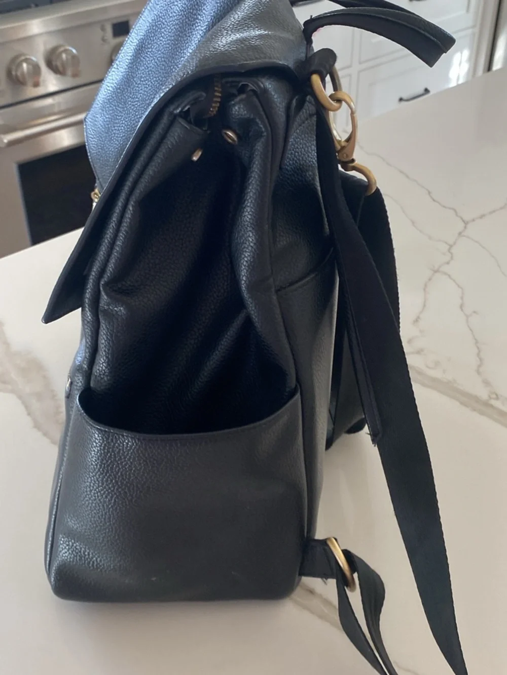 Freshly Picked Black Leather Baby Bag Backpack with Gold Hardware